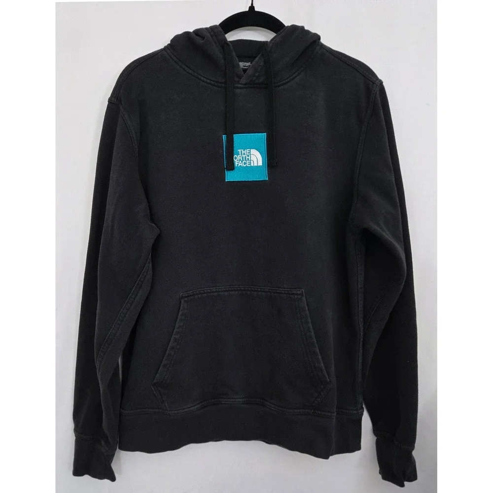 The North Face‎ Box Logo Hoodie M Cyan Teal Patch Pullover Sweatshirt Mens